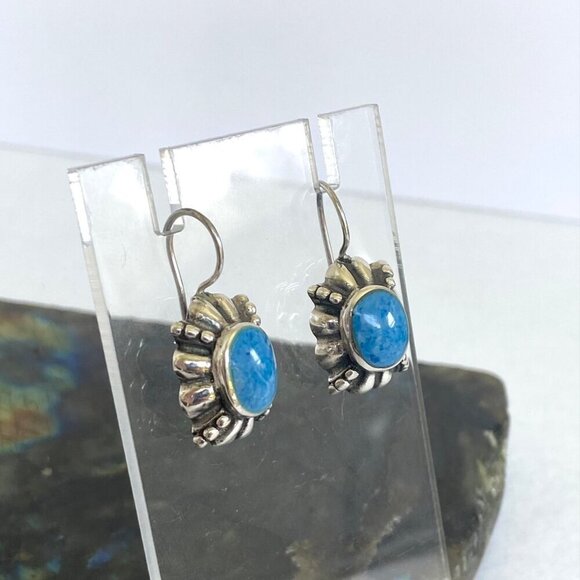 Sterling Silver 925 Thai Oval Bezel Set Denim Lapis Dangle Drop Earrings - Picture 5 of 16